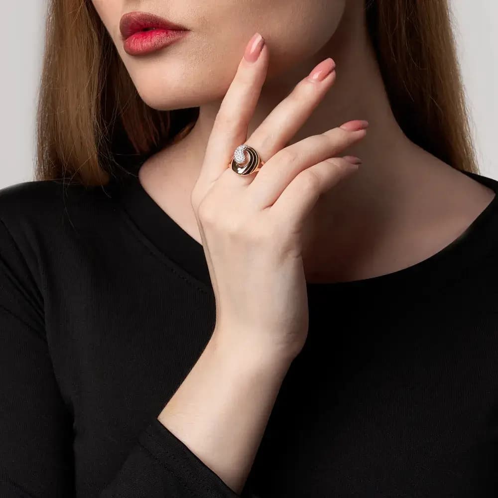 Золотое кольцо женское с фианитами широкое - 4